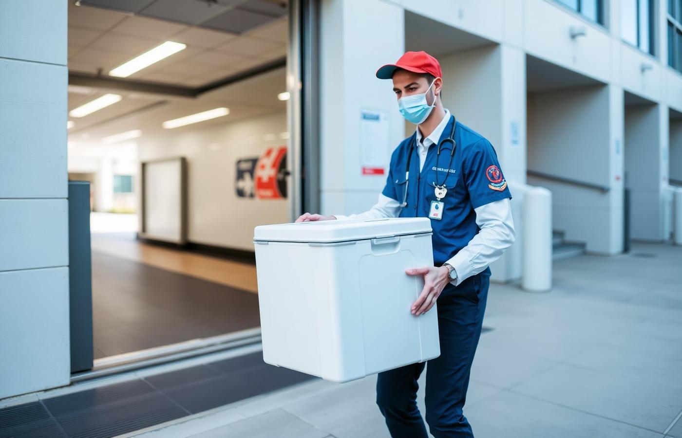 Medical courier transporting a temperature-controlled specimen at a hospital